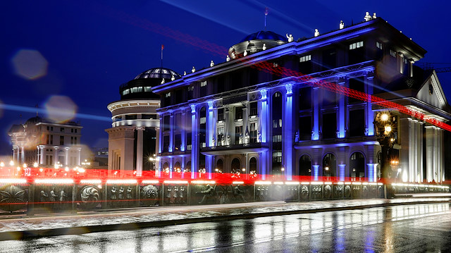 The offices of the Ministry of Foreign Affairs of North Macedonia has changed its lights to blue to mark North Macedonia officially becomes the 30th member of the NATO alliance in Skopje, North Macedonia 

