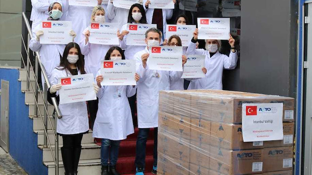 ​ACTO Pharma çalışanları bağışlanan ürünlerin önünde destek mesajı verdi.