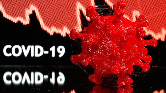 File photo: A 3D-printed coronavirus model is seen in front of a stock graph and the words Covid-19 on display in this illustration taken March 25, 2020