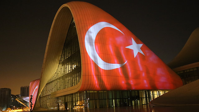 Heydar Aliyev Center illuminated by Turkish flag

