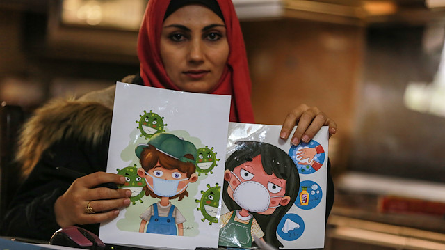 Palestinian expresses Covid-19 to children with drawings

