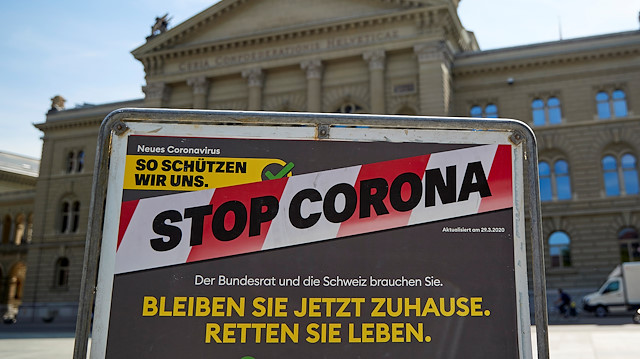 A sign is pictured in front of the Swiss Parliament Building (Bundeshaus) 