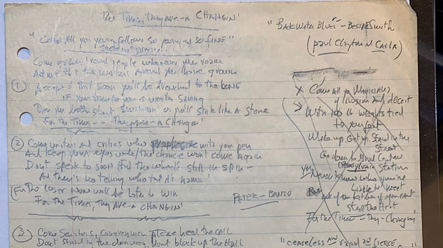 The lyrics of Bob Dylan's song "The Times They Are-A-Changin' " are seen in an undated photo before going up for sale in Los Angeles, California, with an asking price of $2.2 million