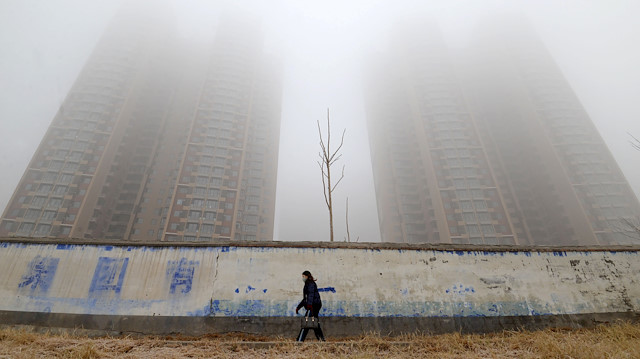 FILE PHOTO - A woman wearing a mask walks past buildings on a polluted day in Handan, Hebei province, China January 12, 2019