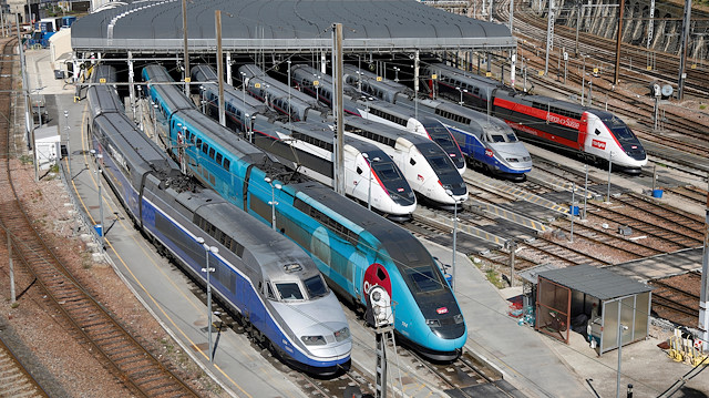 FILE PHOTO: TGV trains (high speed train) are parked at a SNCF depot station in Charenton-le-Pont near Paris during the outbreak of the coronavirus disease (COVID-19) in France, April 29, 2020. 
