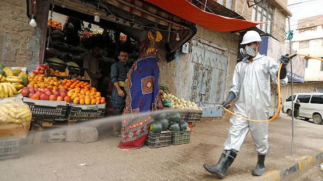 File photo: A health worker wearing a protecitve suit disinfects a market amid concerns of the spread of the coronavirus disease (COVID-19), in Sanaa, Yemen April 28, 2020