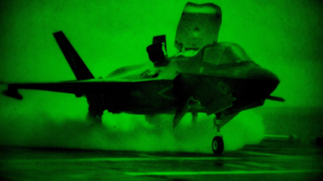 A U.S. Marines F-35B Lightning II fighter aircraft launches from the U.S. Navy amphibious assault ship USS America during low-light flight operations in the Philippine sea April 6, 2020. Picture taken April 6, 2020. U.S. Marine/Lance Cpl. Kolby Leger/Handout via REUTERS. THIS IMAGE HAS BEEN SUPPLIED BY A THIRD PARTY.

