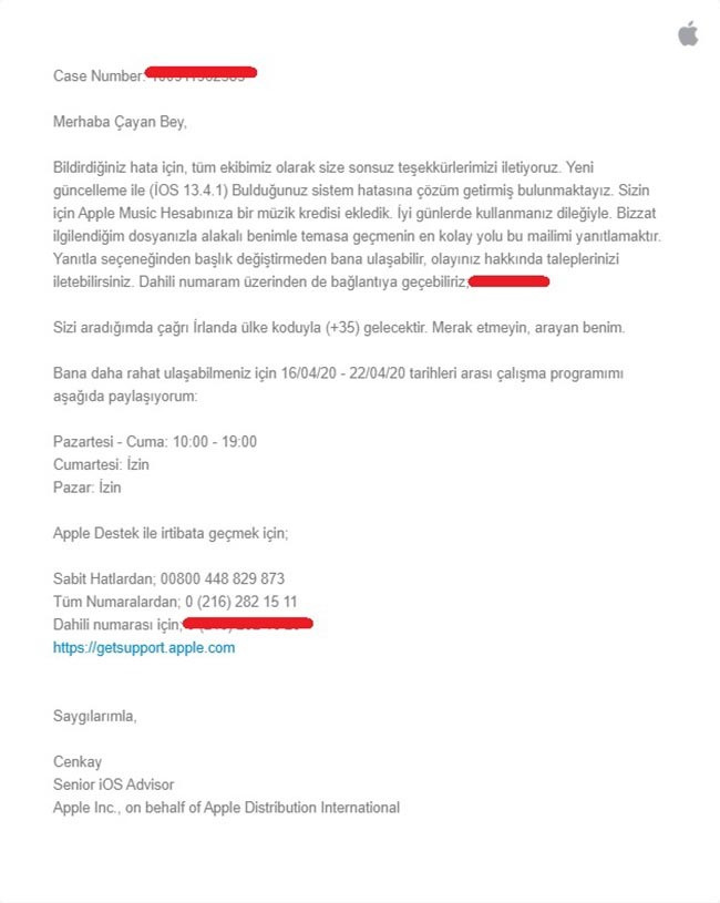Apple'dan gelen mail.