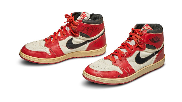 A pair of 1985 Nike Air Jordan 1s, made for and worn by U.S. basketball player Michael Jordan


