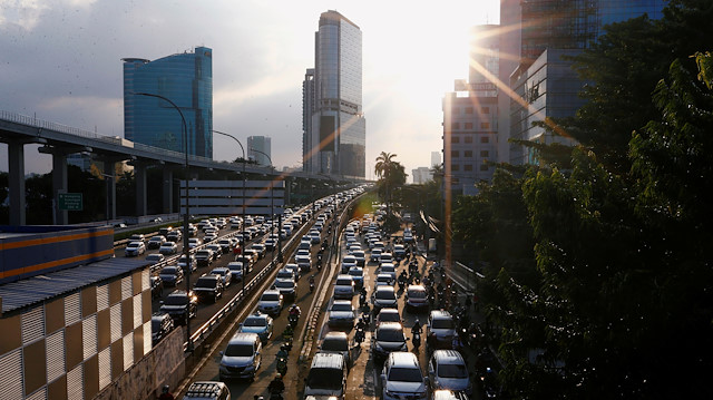 A general view of a traffic jam during large-scale social restrictions amid the coronavirus disease (COVID-19) outbreak in Jakarta, Indonesia May 19, 2020. 