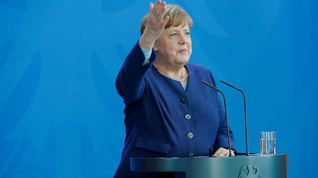 German Chancellor Angela Merkel addresses a news conference following a meeting with international economic and financial organisations at the Chancellery in Berlin, Germany May 20, 2020, on the effects of the novel coronavirus COVID-19 pandemic. Odd Andersen/Pool via REUTERS

