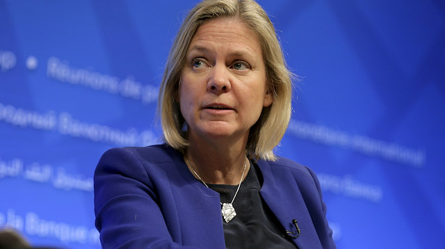 FILE PHOTO: Swedish Minister of Finance Magdalena Andersson speaks at 2016 IMF World Bank meeting. REUTERS/Joshua Roberts/File Photo

