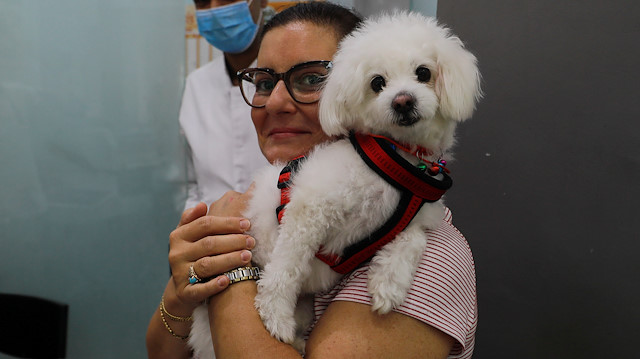 Jehan Shehatah carries Lola, a French Poodle dog, as they wait for a treatment at the Animalia Veterinary Clinic center, amid concerns about the spread of the coronavirus disease (COVID-19), in Cairo, Egypt May 21, 2020. Picture taken May 21, 2020. REUTERS/Amr Abdallah Dalsh

