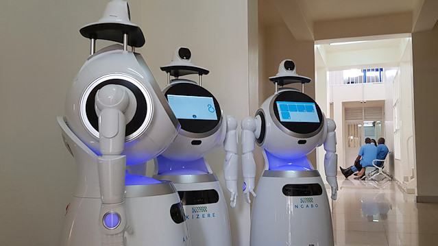 High-tech robots developed by Zora Bots, a Belgium-based company, and donated by the United Nations Development Program (UNDP) are seen during a demonstration at the Kanyinya treatment centre that treats coronavirus disease (COVID-19) patients, in Kigali, Rwanda May 29, 2020. Picture taken May 29, 2020.