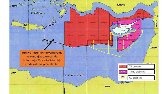 Türkiye'nin sondaj için başvuru yaptığı sahaları gösteren harita.