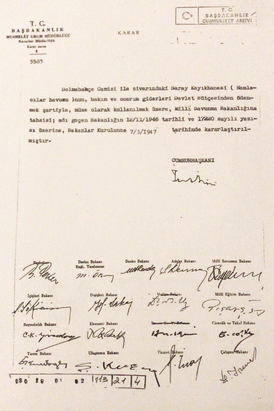  İnönü imzalı Eylül 1947 tarihli Bakanlar Kurulu kararı