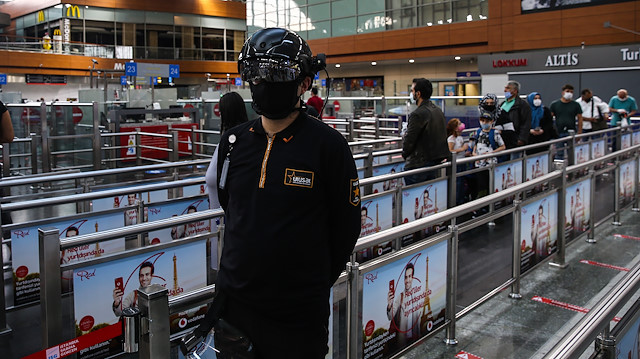 Terminal binasında kasklı termal kamera ile yolcuların ateşine bakılıyor.