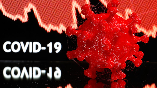 A 3D-printed coronavirus model is seen in front of a stock graph and the words Covid-19