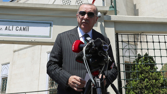 Turkish President Tayyip Erdogan talks to media following the Friday prayers in Istanbul, Turkey, July 3, 2020. Murat Cetinmuhurdar/Turkish Presidential Press Office/Handout via REUTERS 