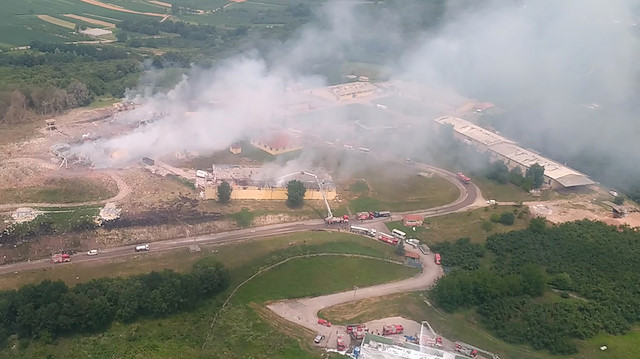 An aerial view of the firework factory following a blast is seen from the helicopter of Turkish Interior Minister Suleyman Soylu, in Hendek in Sakarya province, Turkey, in this screen grab taken from video July 3, 2020