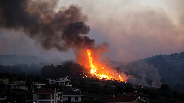 Flames rise as a wildfire burns near the village of Kechries, Greece, July 22, 2020.