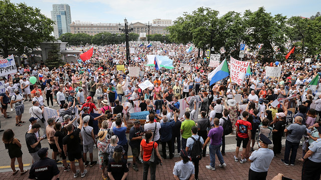 People take part in a rally in support of arrested regional governor Sergei Furgal who is accused of organising the murder of several entrepreneurs 15 years ago, in Khabarovsk, Russia July 25, 2020.