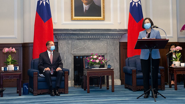 Taiwan President Tsai Ing-wen wearing a face mask speaks during a meeting with U.S. Secretary of Health and Human Services Alex Azar at the presidential office, in Taipei, Taiwan August 10, 2020.