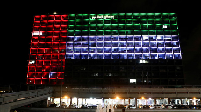 The municipality building is lit in the United Arab Emirates national flag following the announcement of a deal to normalise relations between the Jewish state and the United Arab Emirates, in Tel Aviv, Israel August 13, 2020.