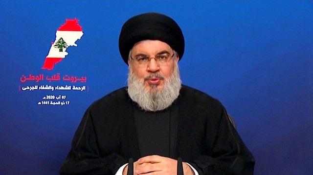 Hezbollah leader Sayyed Hassan Nasrallah gives a televised speech