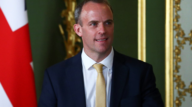 British Foreign Secretary Dominic Raab reacts during the meeting with U.S. counterpart Mike Pompeo (not pictured), at Lancaster House in London, Britain July 21, 2020. REUTERS/Hannah McKay/Pool

