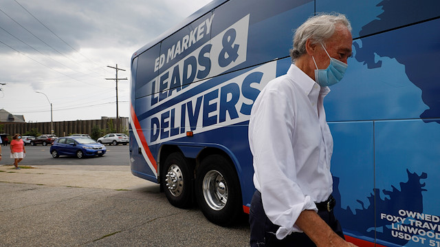 U.S. Senator Ed Markey (D-MA) walks back to his campaign bus after speaking at a rally in support of the United States Postal Service (USPS) during his re-election campaign in Newton, Massachusetts, U.S., August 22, 2020.