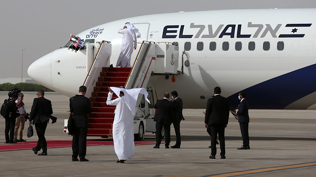 FILE PHOTO: The Israeli flag carrier El Al's airliner carrying Israeli and U.S. delegates is seen after landing at Abu Dhabi International Airport, in Abu Dhabi, United Arab Emirates August 31, 2020. 