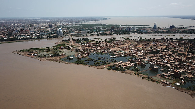An aerial view shows buildings and roads submerged by floodwaters near the Nile River in South Khartoum, Sudan September 8, 2020.