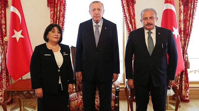 Cumhurbaşkanı Recep Tayyip Erdoğan, Azerbaycan Milli Meclisi Başkanı Sahiba Gafarova, TBMM Başkanı Mustafa Şentop