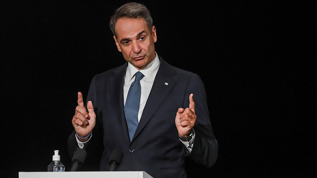 Greek Prime Minister Kyriakos Mitsotakis speaks during the closing news conference of the seventh MED7 Mediterranean countries summit, in Porticcio, on the Mediterranean Island of Corsica, France September 10, 2020. Ludovic Marin/Pool via REUTERS  