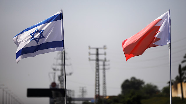 The flags of Israel and Bahrain flutter along a road in Netanya