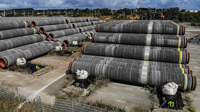 File photo: Pipes for the Nord Stream 2 Baltic Sea pipeline are stored on a site at the port of Mukran in Sassnitz, Germany, September 10, 2020. Picture taken with a drone. REUTERS/Hannibal Hanschke

