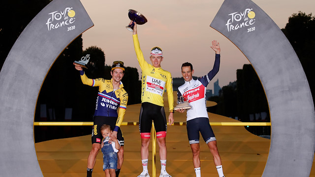 Cycling - Tour de France - Stage 21 - Mantes-la-Jolie to Paris Champs-Elysees - France - September 20, 2020. Overall winner UAE Team Emirates rider Tadej Pogacar of Slovenia, wearing the yellow jersey, second-placed Team Jumbo-Visma rider Primoz Roglic of Slovenia and third-placed Trek-Segafredo rider Richie Porte of Australia celebrate on the podium. REUTERS/Benoit Tessier

