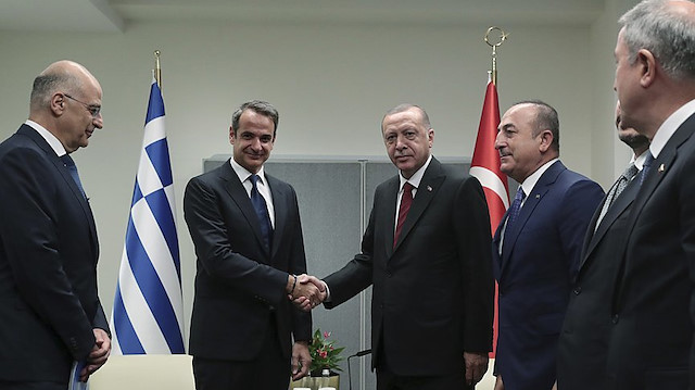 Cumhurbaşkanı Recep Tayyip Erdoğan ile Yunanistan Başbakanı Miçotakis.
