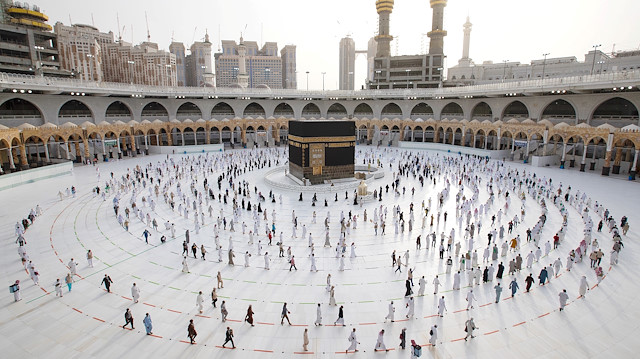 A general view picture shows the Kaaba as Muslim pilgrims keep social distance while performing their final Tawaf, marking the end of Haj pilgrimage amid the coronavirus disease (COVID-19) pandemic, in the holy city of Mecca, Saudi Arabia August 2, 2020. 