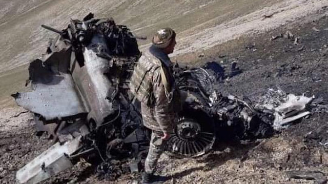 A view shows what is said to be the wreckage of a SU-25 warplane of the Armenian air forces