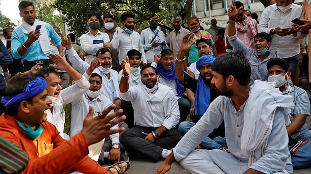 Demonstrators shout slogans during a protest after the death of a rape victim inside the premises of Safdarjung Hospital in New Delhi, India, September 29, 2020.