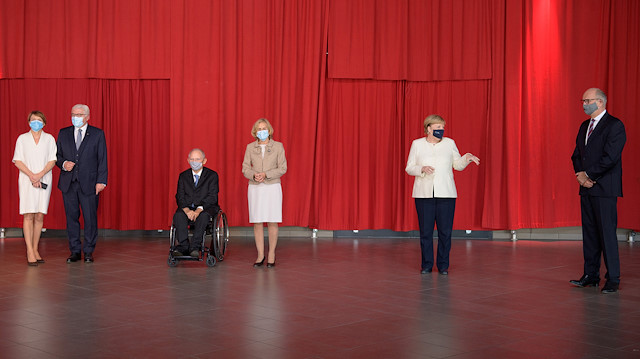 German President Frank-Walter Steinmeier and his wife Elke Buedenbender, German Parliament President Wolfgang Schaeuble and his wife Ingeborg, German Chancellor Angela Merkel and Brandenburg State Premier Dietmar Woidke pose after festivities to mark the 30th anniversary of the German reunification, in Potsdam, Germany, October 3, 2020