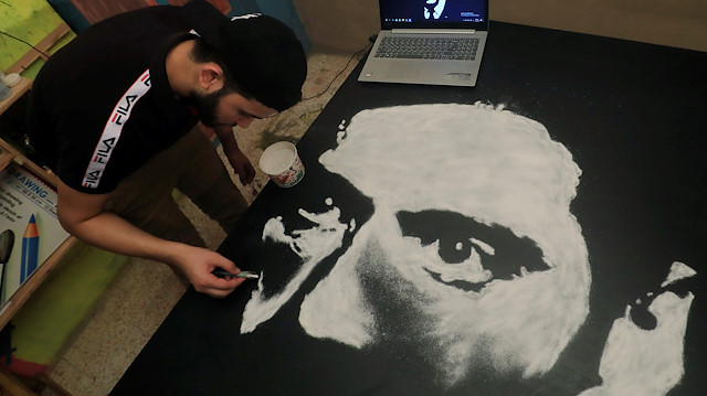 Egyptian artist Hany Genedy creates a picture of Al Pacino made with salt in a gallery room at his home in Hihya city, amid concerns over the coronavirus disease (COVID-19) in Sharqia Governorate, north of Cairo, Egypt September 9, 2020. Picture taken September 9, 2020. 