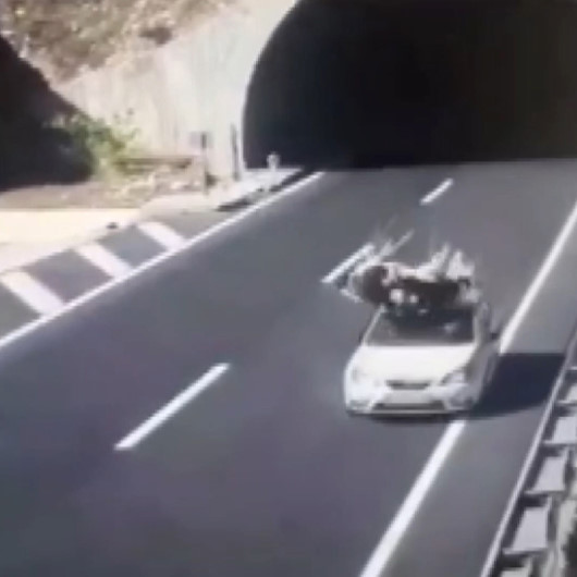 Kahramanmaraşta tünel çıkışında başıboş gezen ineğe otomobil böyle çarptı