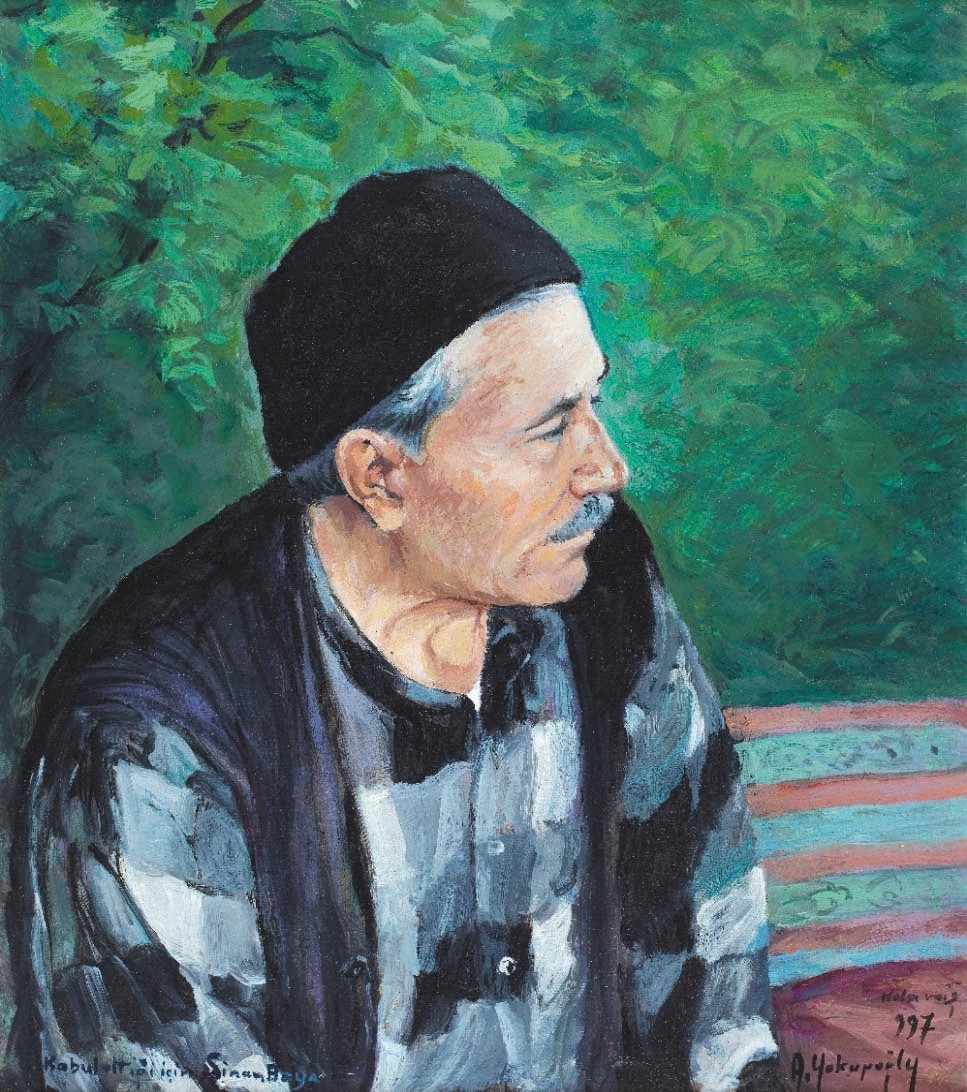 Sanat hayatı boyunca otoportresini yapmaktan kaçınan ressam Ahmet Yakupoğlu bir yakının ısrarı üzerine 1997’de tek bir otoportresini yapmış ve “kabul ettiği için Sinan Bey’e” diyerek imzalamıştır.