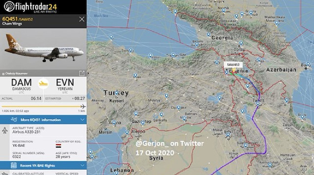 Cham Wings uçağının Şam'dan Erivan'a geldiği görüldü.