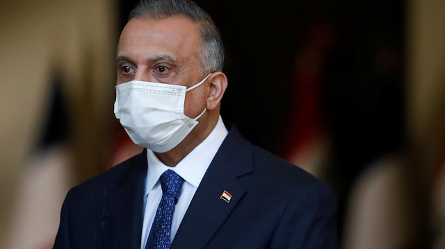 Iraqi Prime Minister Mustafa al-Kadhimi reacts during a news conference with French President Emmanuel Macron (not pictured) after a meeting, in Baghdad, Iraq September 2, 2020. REUTERS/Gonzalo Fuentes/Pool

