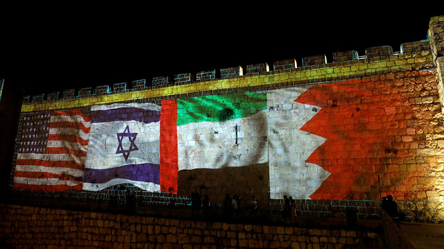 FILE PHOTO: National flags of Bahrain, UAE, Israel and the U.S. are projected on the walls of Jerusalem's Old city September 15, 2020