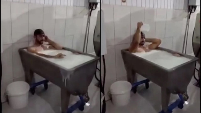 Fabrika kazanında süt banyosu yapan işçi o anları kaydedip sosyal medyada paylaştı. 